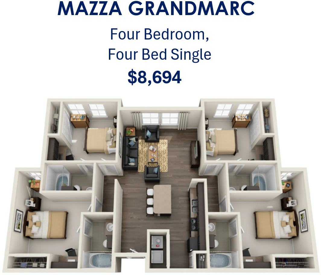Floor plan for Mazza residence hall: Four Bedroom, Four Bed Single $8,694
