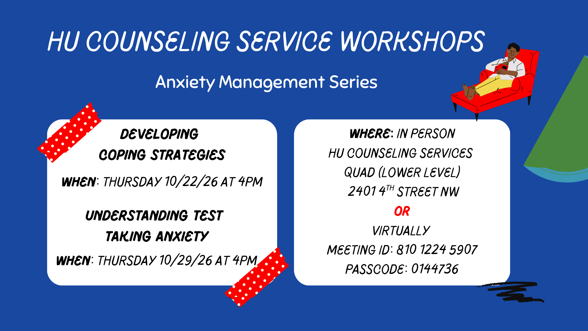 Anxiety Workshops on 10/22/26 and 10/29/26