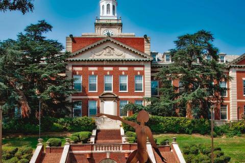 A photo of Founders Library from the Lower Quadrangle.