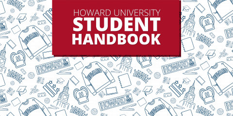 Banner that says "student handbook" on a red rectangle, on top of a blue and white Howard University patterned background.