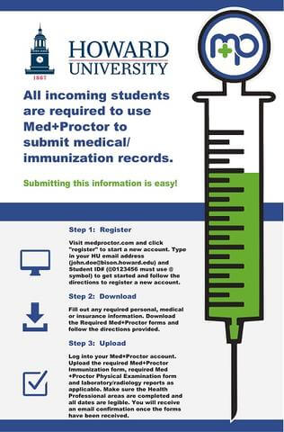 Flyer with an illustration of a vaccination and instructs regarding Med+Proctor.
