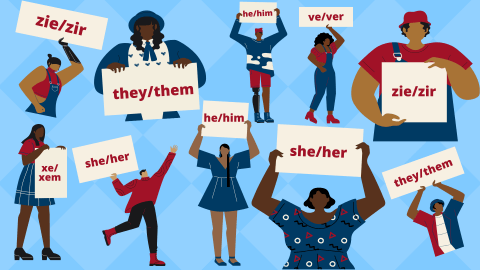 Illustration of people holding signs with different gender pronouns on them.