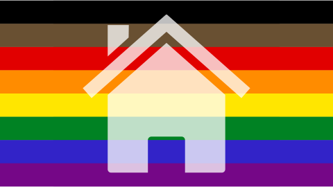 Icon of a house on top of a gay pride flag.