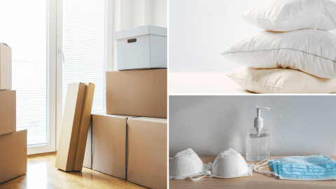 A collage of move-in boxes, pillows, and personal protective equipment.